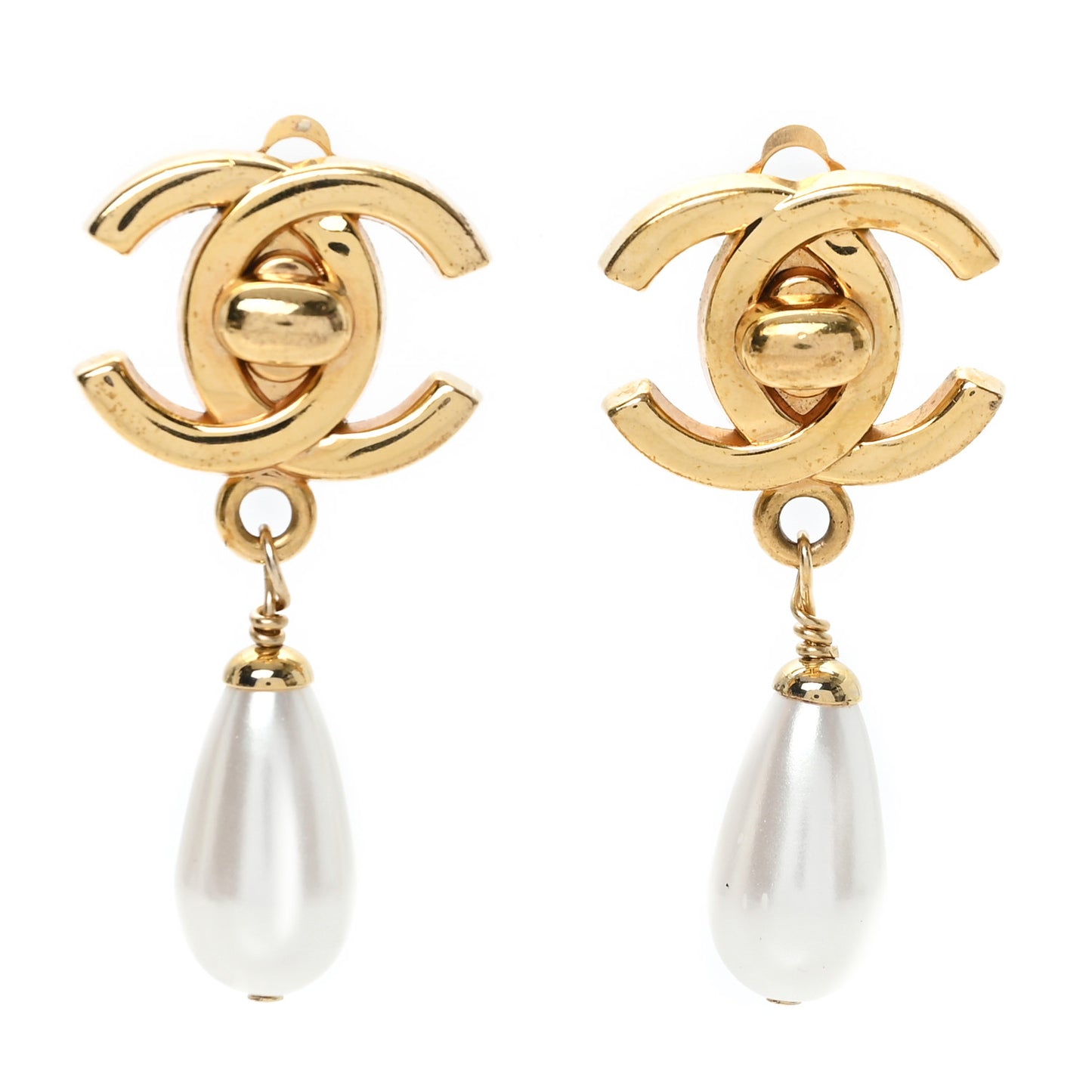 Pearl CC Turnlock Drop Clip On Earrings Gold
