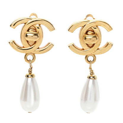 Chanel Pearl CC Turnlock Drop Clip On Earrings Gold 1 of 4