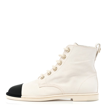 Chanel Cotton Grosgrain Cap Toe CC Lace Up Boots 39 White Black 1 of 10