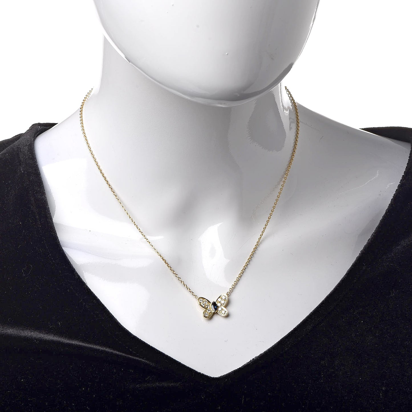 18K Yellow Gold Diamond Blue Sapphire Butterfly Pendant Necklace