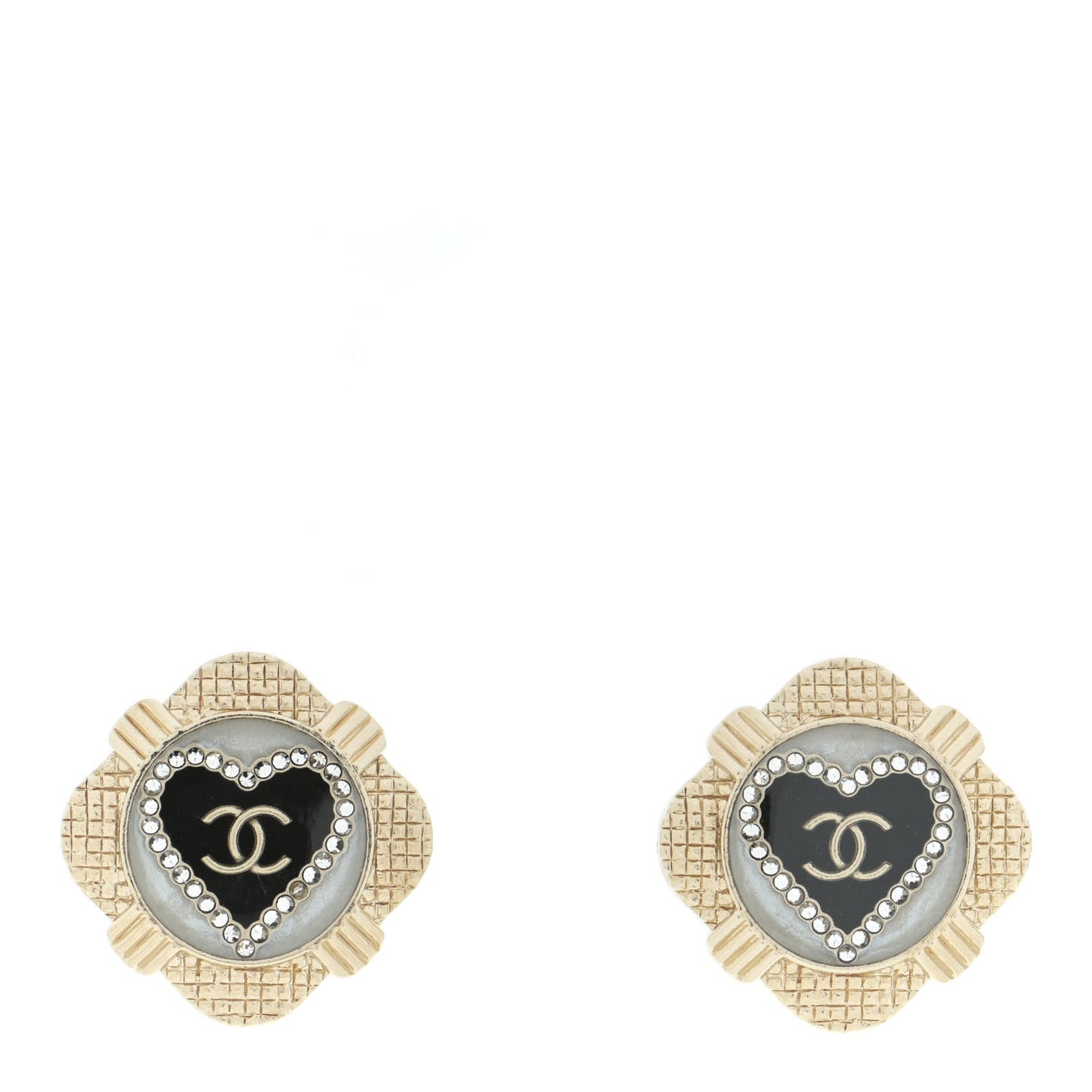 Resin Crystal Quilted CC Heart Earrings Gold Black