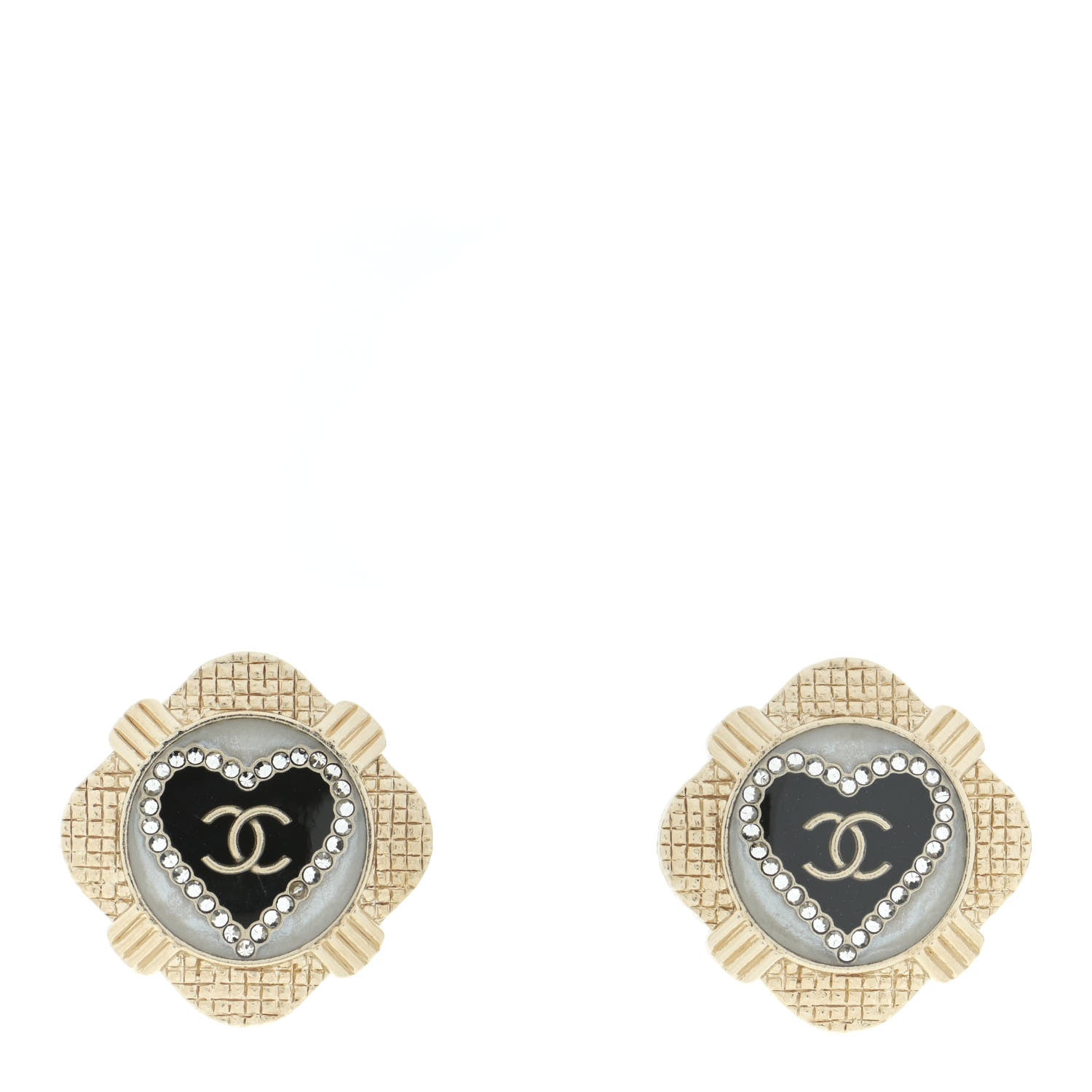 Chanel Resin Crystal Quilted CC Heart Earrings Gold Black 1 of 5