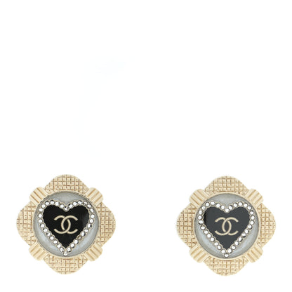 Chanel Resin Crystal Quilted CC Heart Earrings Gold Black 1 of 5