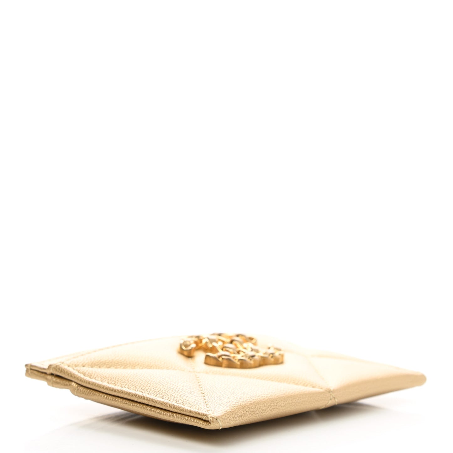 Metallic Goatskin Quilted Chanel 19 Card Holder Gold