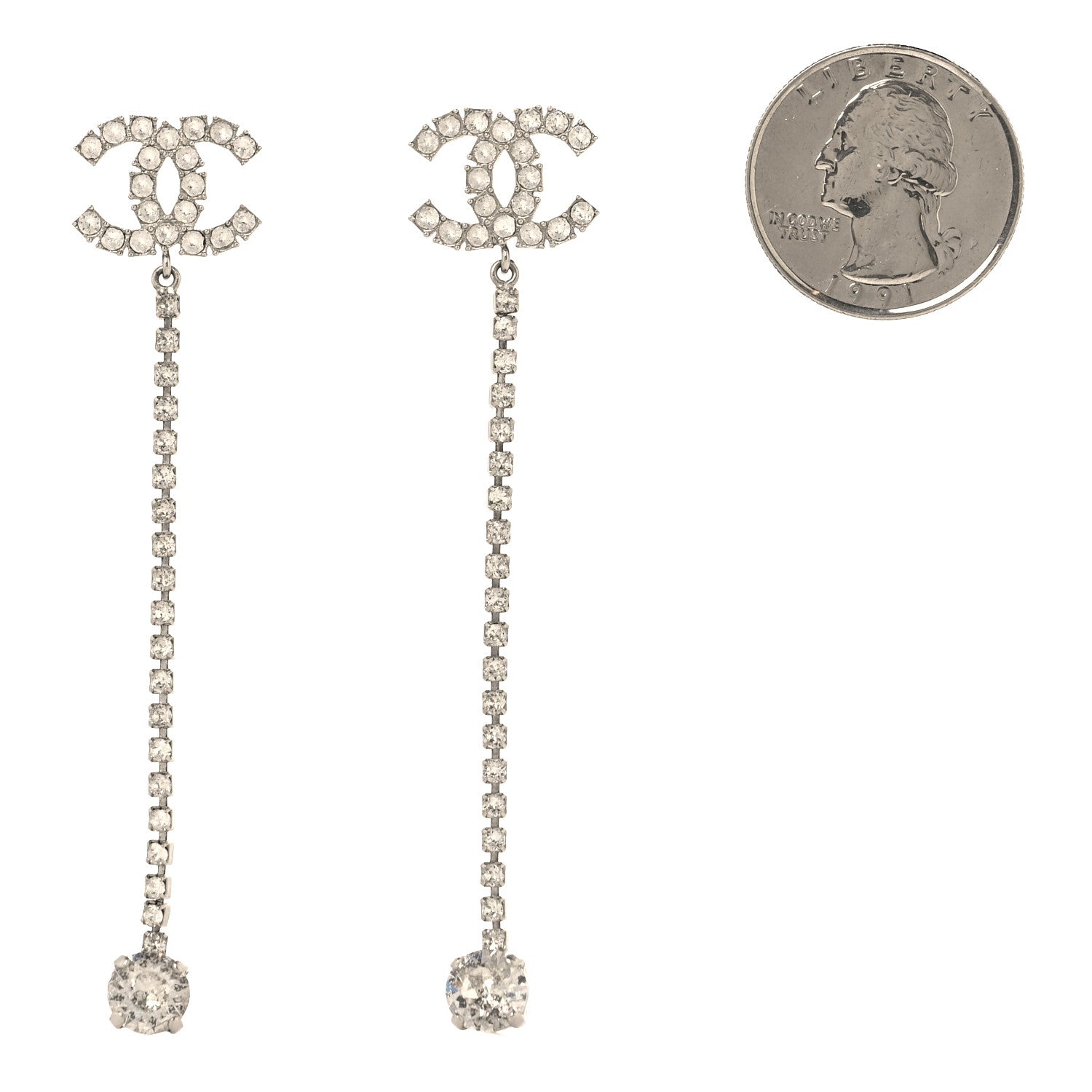 Chanel Metal Baguette Round Crystal CC Drop Long Earrings Silver 3 of 8