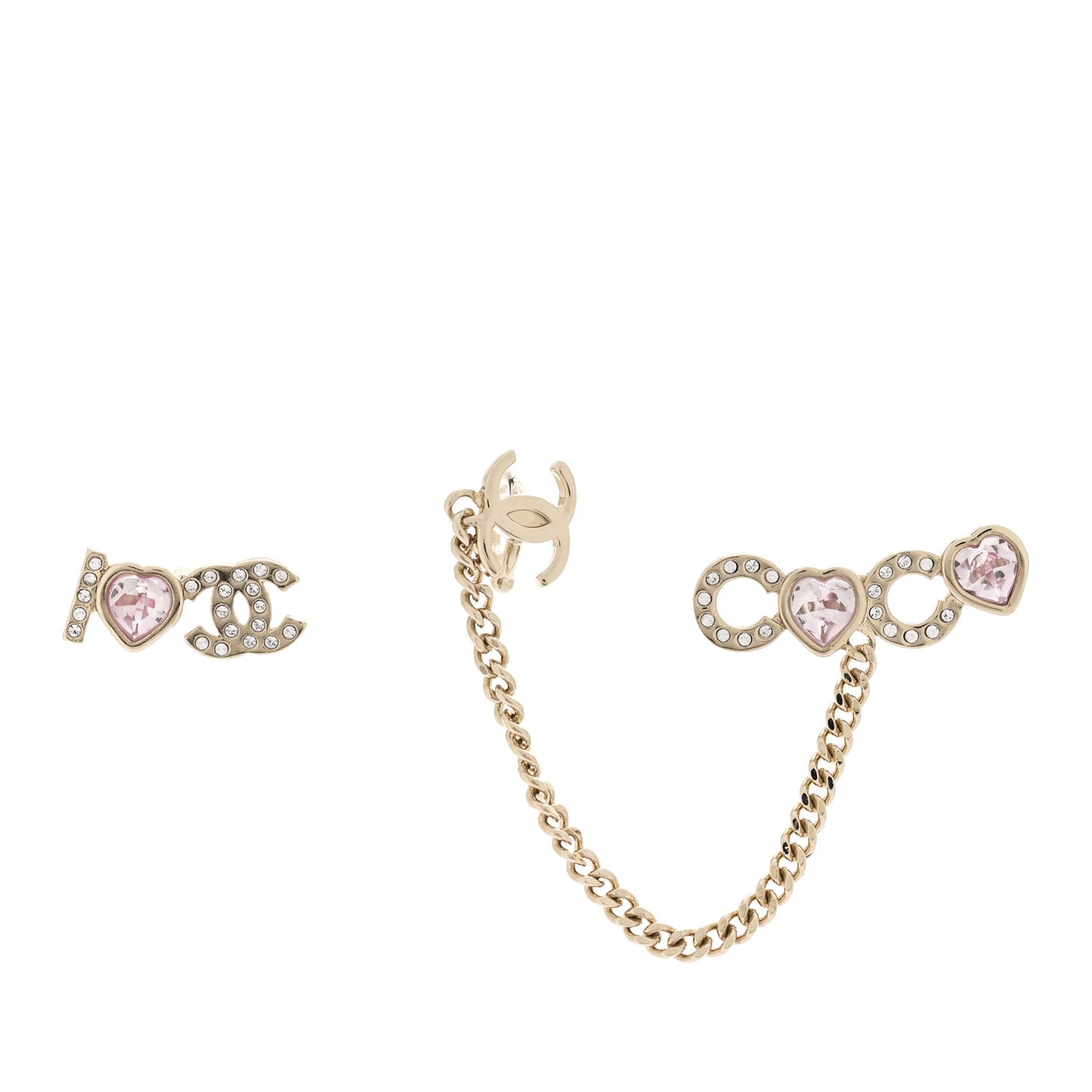 Metal Strass I Love Coco Heart Chain Climber Earrings Gold Pink