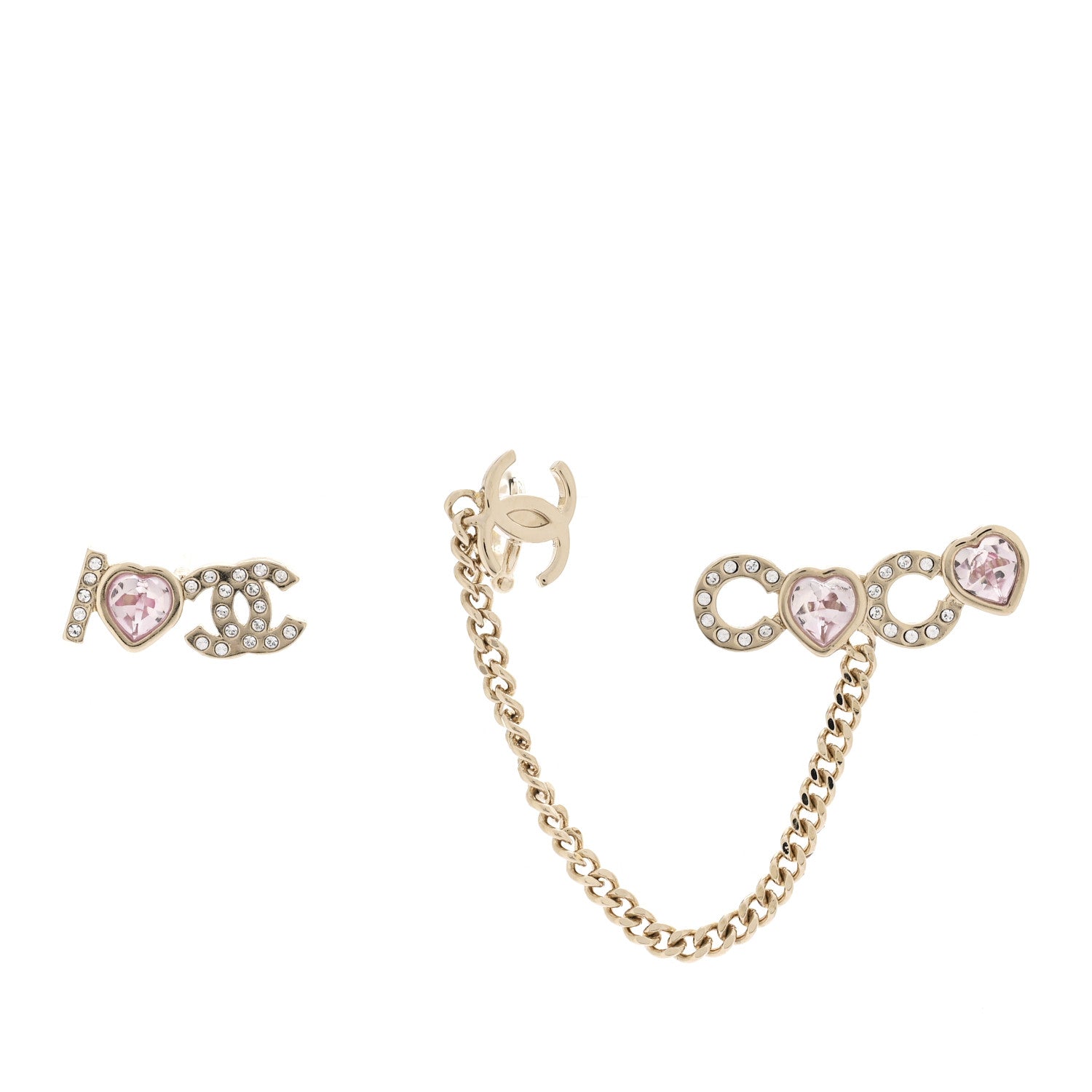 Chanel Metal Strass I Love Coco Heart Chain Climber Earrings Gold Pink 1 of 4