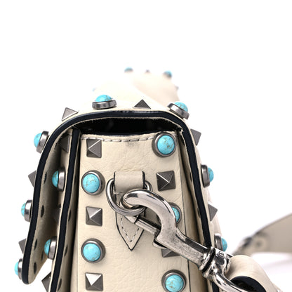 Valentino Garavani Pebbled Calfskin Turquoise Medium Guitar Strap Rockstud Rolling Flap Saddle Bag White 9 of 9