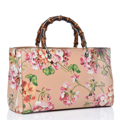 Gucci Shangai Calfskin Blooms Print Medium Bamboo Shopper Tote Pink Apricot Multicolor 4 of 16