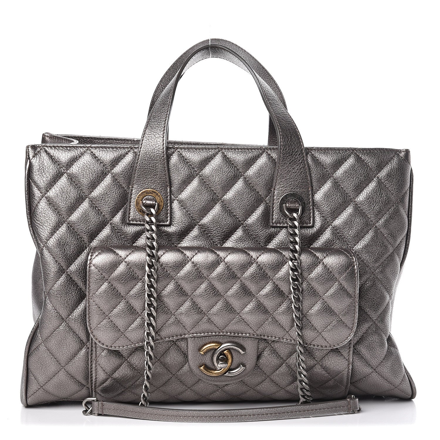 Chanel Metallic Grained Calfskin Quilted Large Casual Pocket Tote Silver 1 of 18