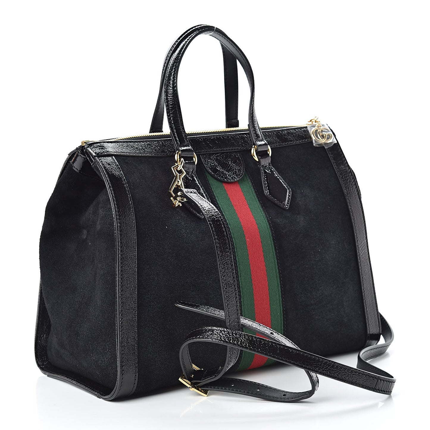 Suede Patent GG Web Medium Ophidia Tote Bag Black