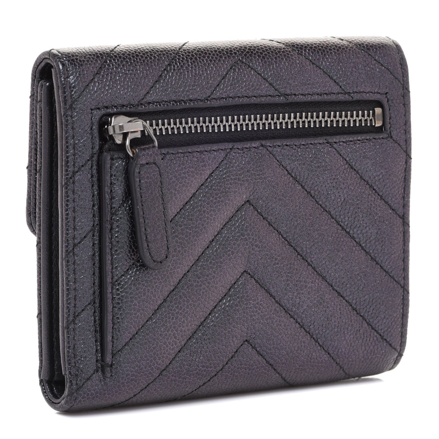 Chanel Iridescent Caviar Chevron Quilted Compact Flap Wallet Black 3 of 10