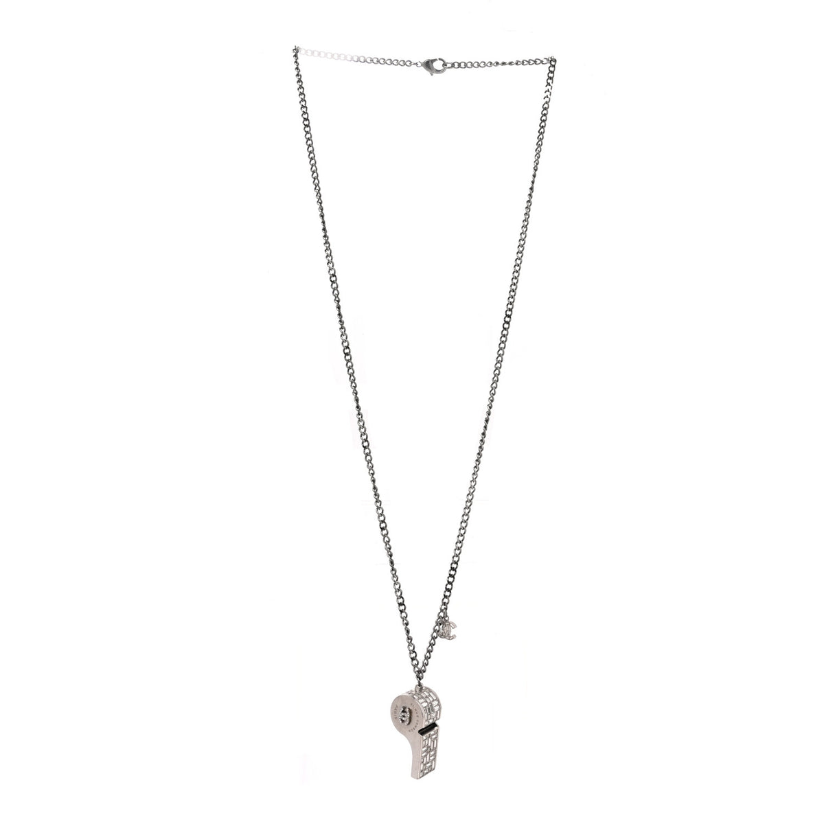Crystal Baguette CC Whistle Pendant Necklace Silver