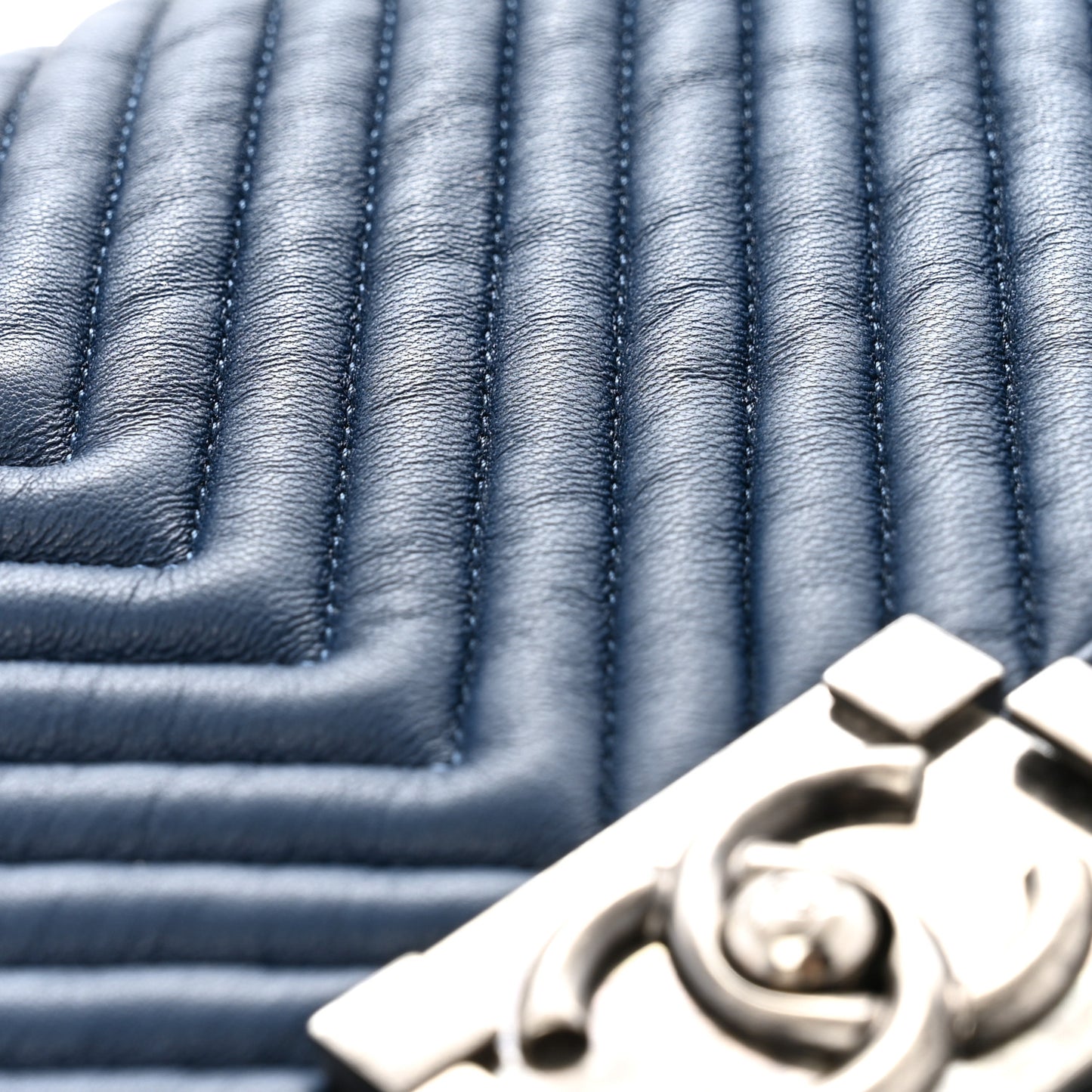 Calfskin Chevron Quilted Medium Boy Flap Dark Navy Blue