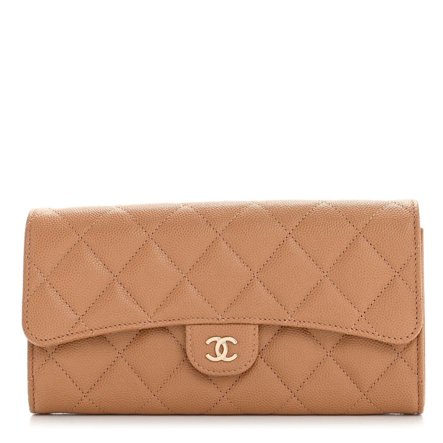 Caviar Quilted Large Gusset Flap Wallet Beige