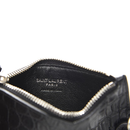 Saint Laurent Calfskin Crocodile Embossed 5 Fragments Zip Pouch Card Holder Strap Black 8 of 8