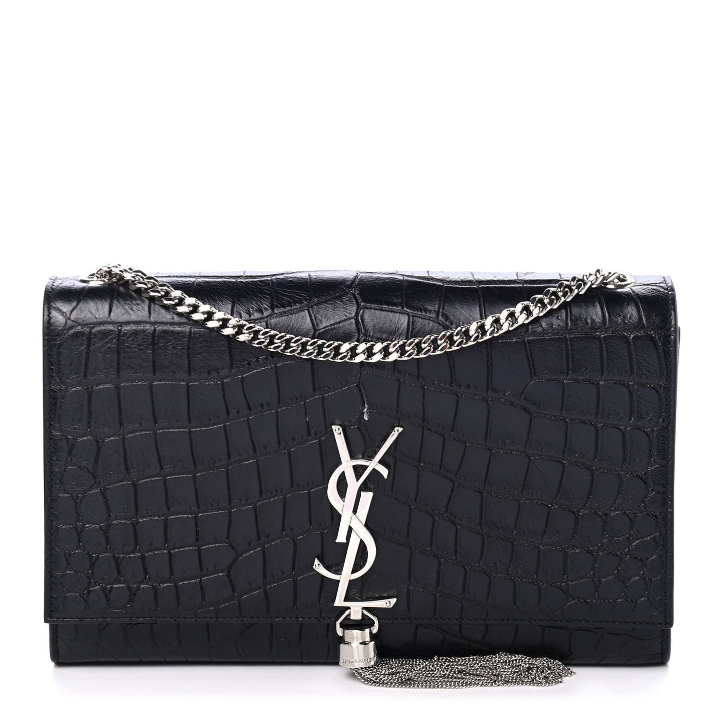 Calfskin Crocodile Embossed Medium Classic Monogram Kate Tassel Satchel Black