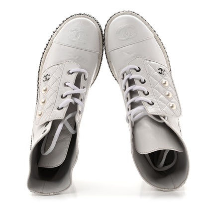 Chanel Crackled Calfskin Pearl Chain CC Combat Short Boots 38.5 White 2 of 11