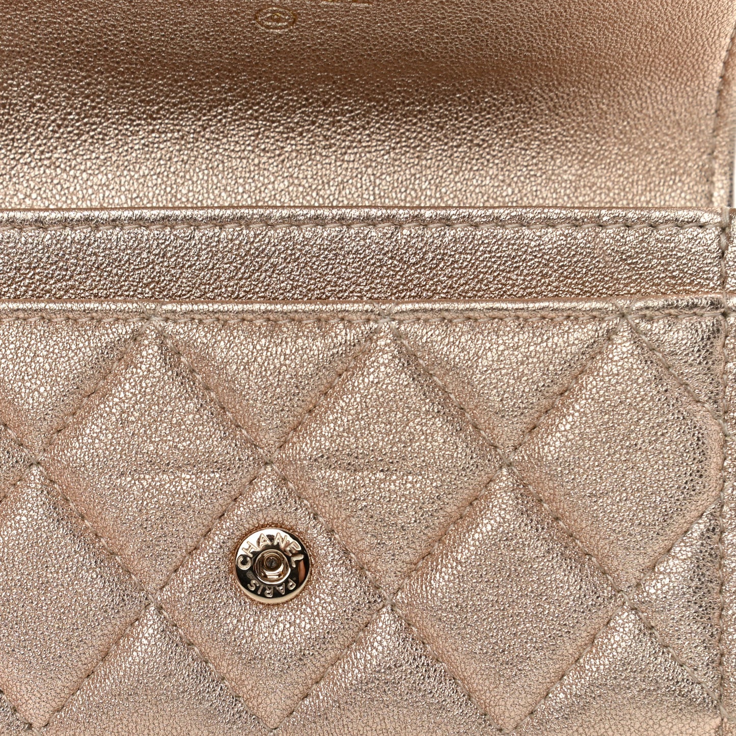 Metallic Lambskin Quilted Flap Card Holder Wallet Gold