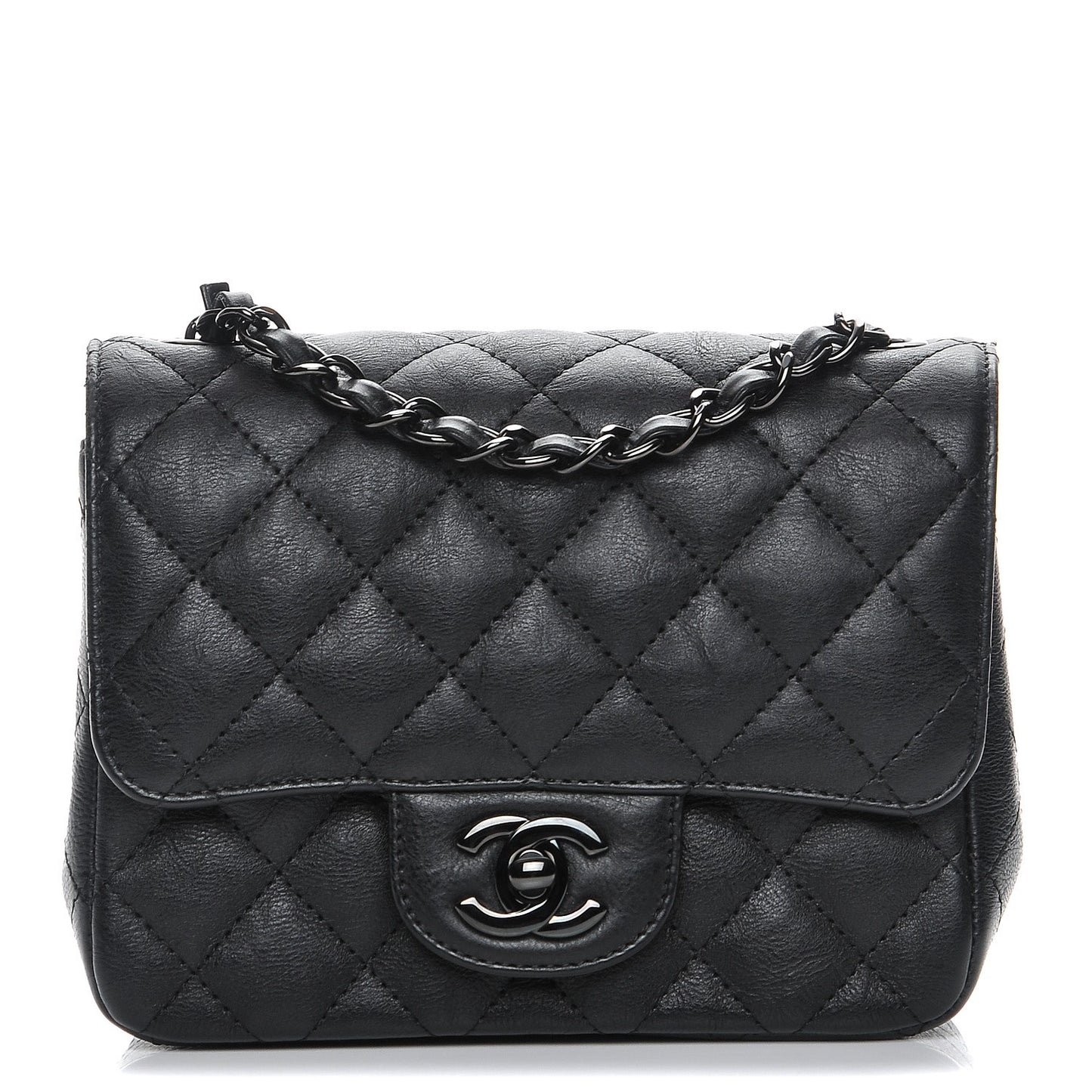 Crumpled Calfskin Quilted Mini Square Flap So Black