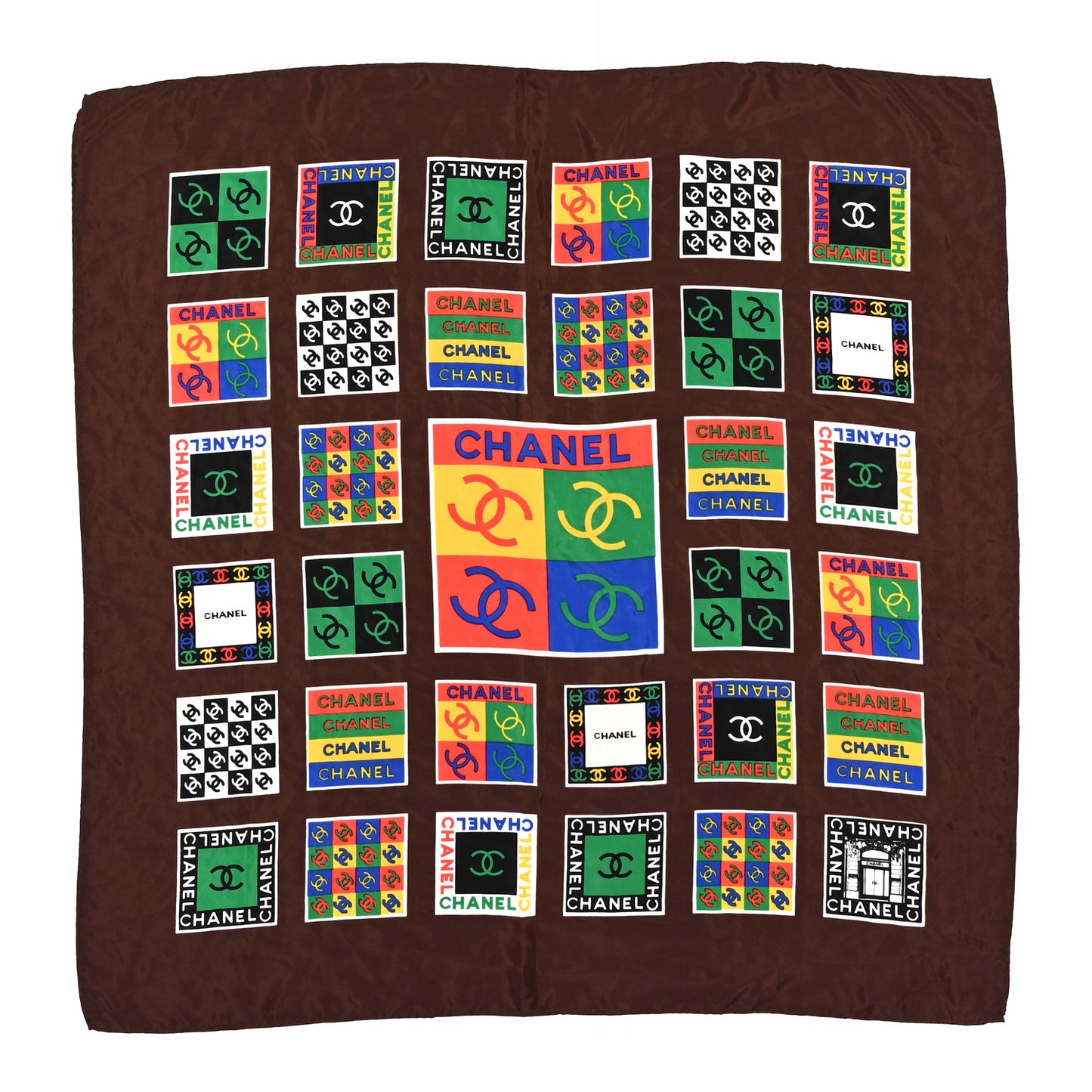 Silk Logo Patchwork Square Scarf Brown Multicolor
