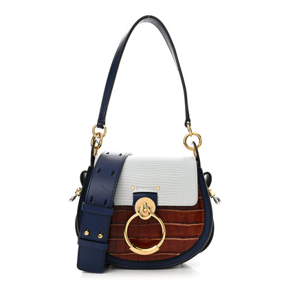 Chloe Shiny Calfskin Crocodile Embossed Small Tess Bag Blue Brown 1 of 11