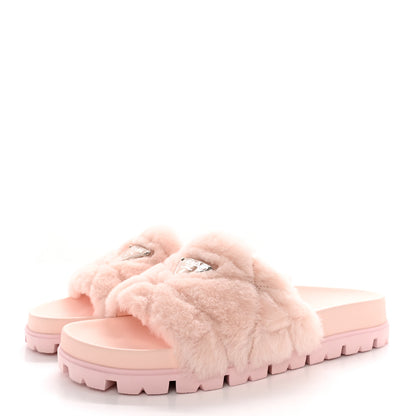 Prada Shearling Metal Triangle Logo Lug Sole 20mm Slide Sandals 38.5 Orchidea 3 of 9