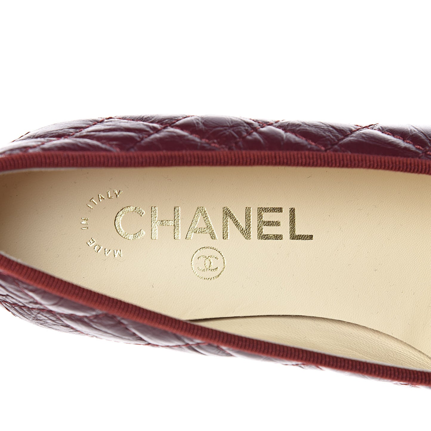 Tumbled Calfskin Quilted Cap Toe Ballerina Flats 36.5 Burgundy