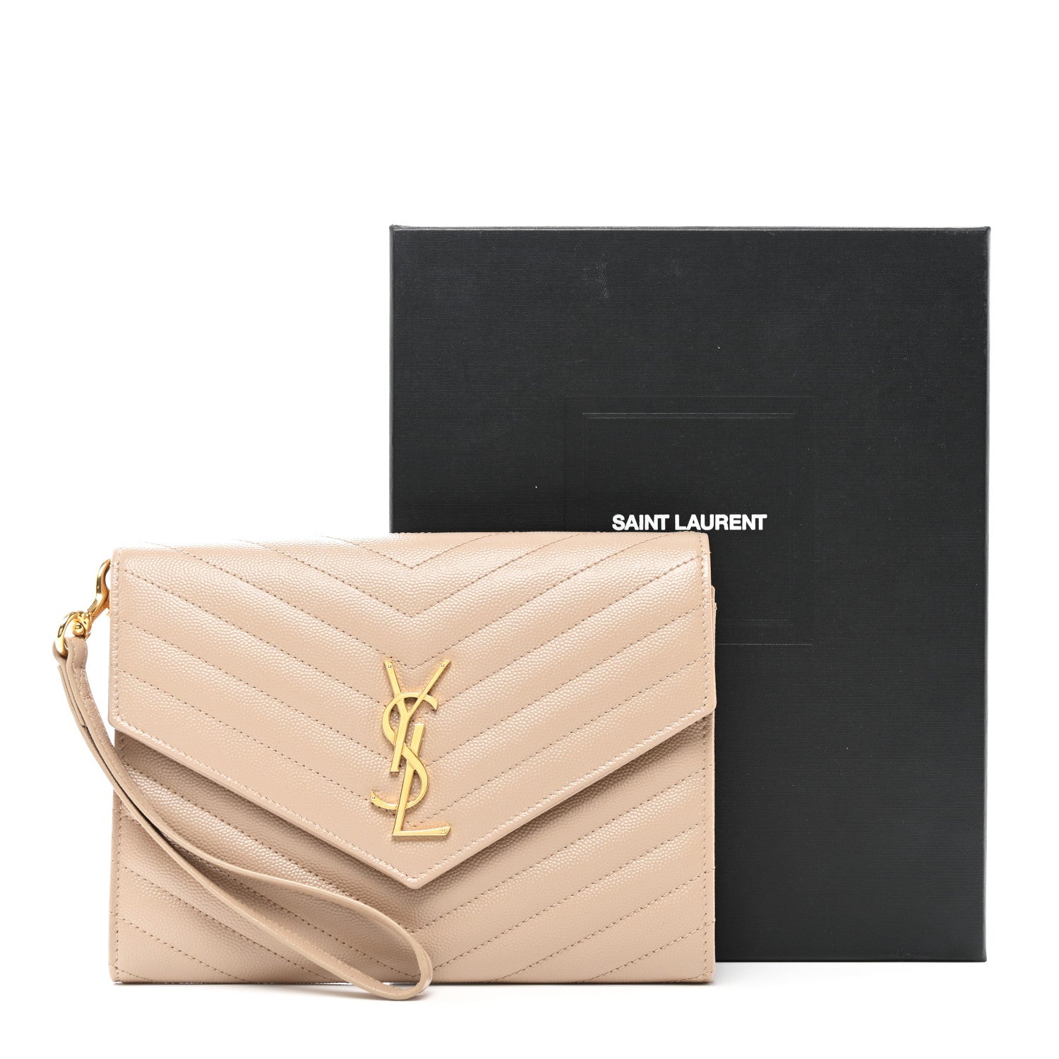 Saint Laurent Grain De Poudre Matelasse Chevron Monogram Envelope Clutch Dark Beige 8 of 8