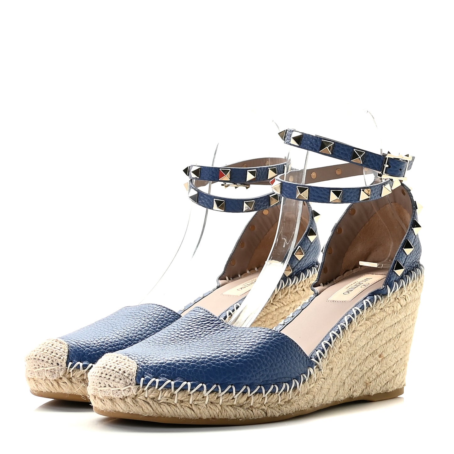 Grained Calfskin Rockstud Ankle Wrap Espadrille 15/85mm Wedges 40 Baltique
