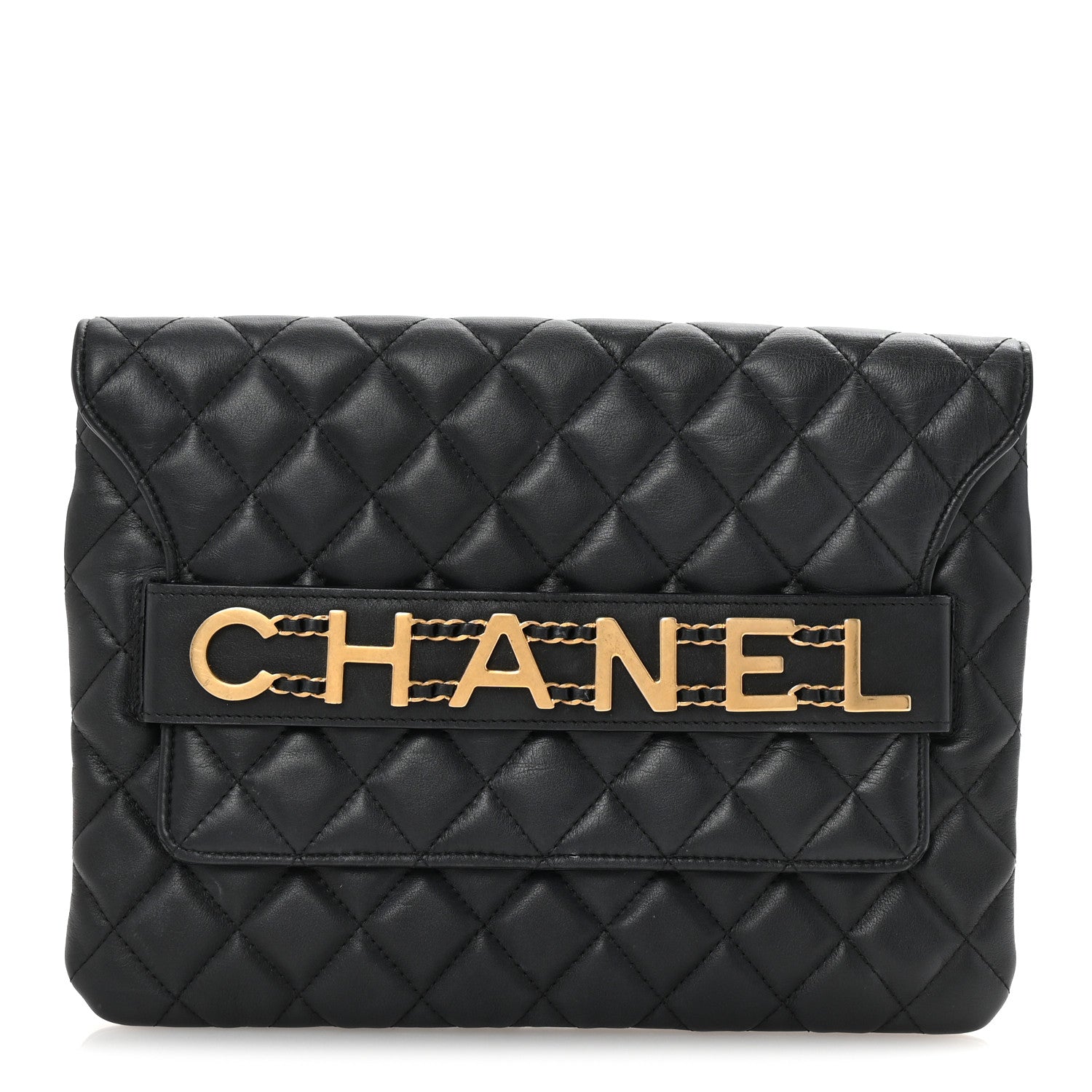 Chanel Calfskin Quilted Front Logo Enchained Clutch Black 1 of 8