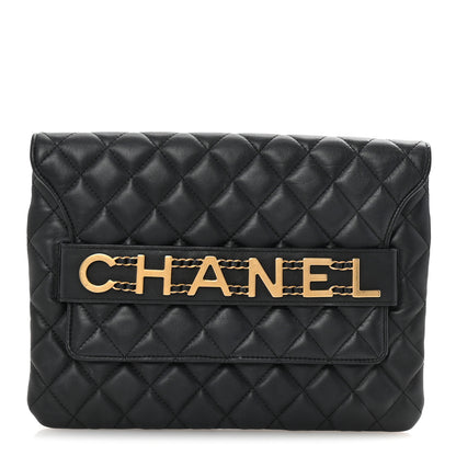 Chanel Calfskin Quilted Front Logo Enchained Clutch Black 1 of 8