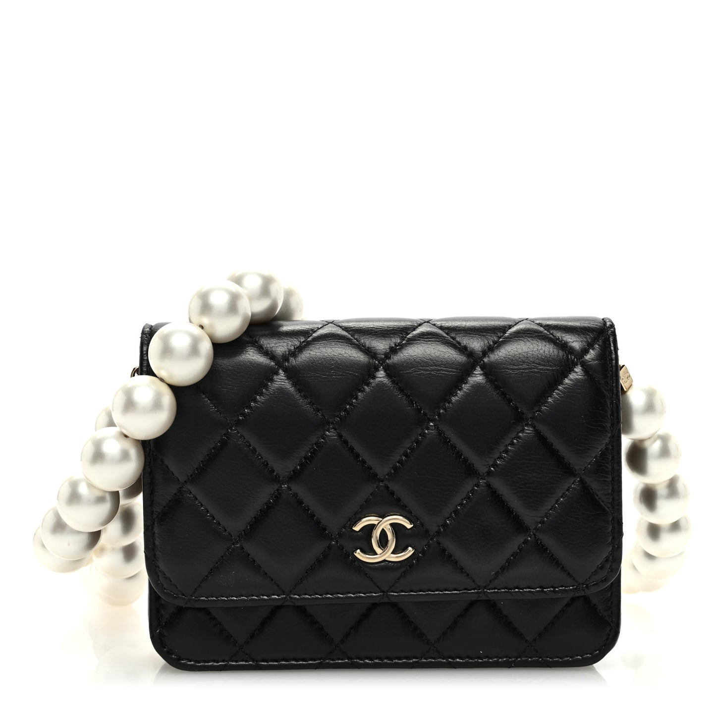 Calfskin Quilted Mini Maxi Pearls Wallet On Chain WOC Black
