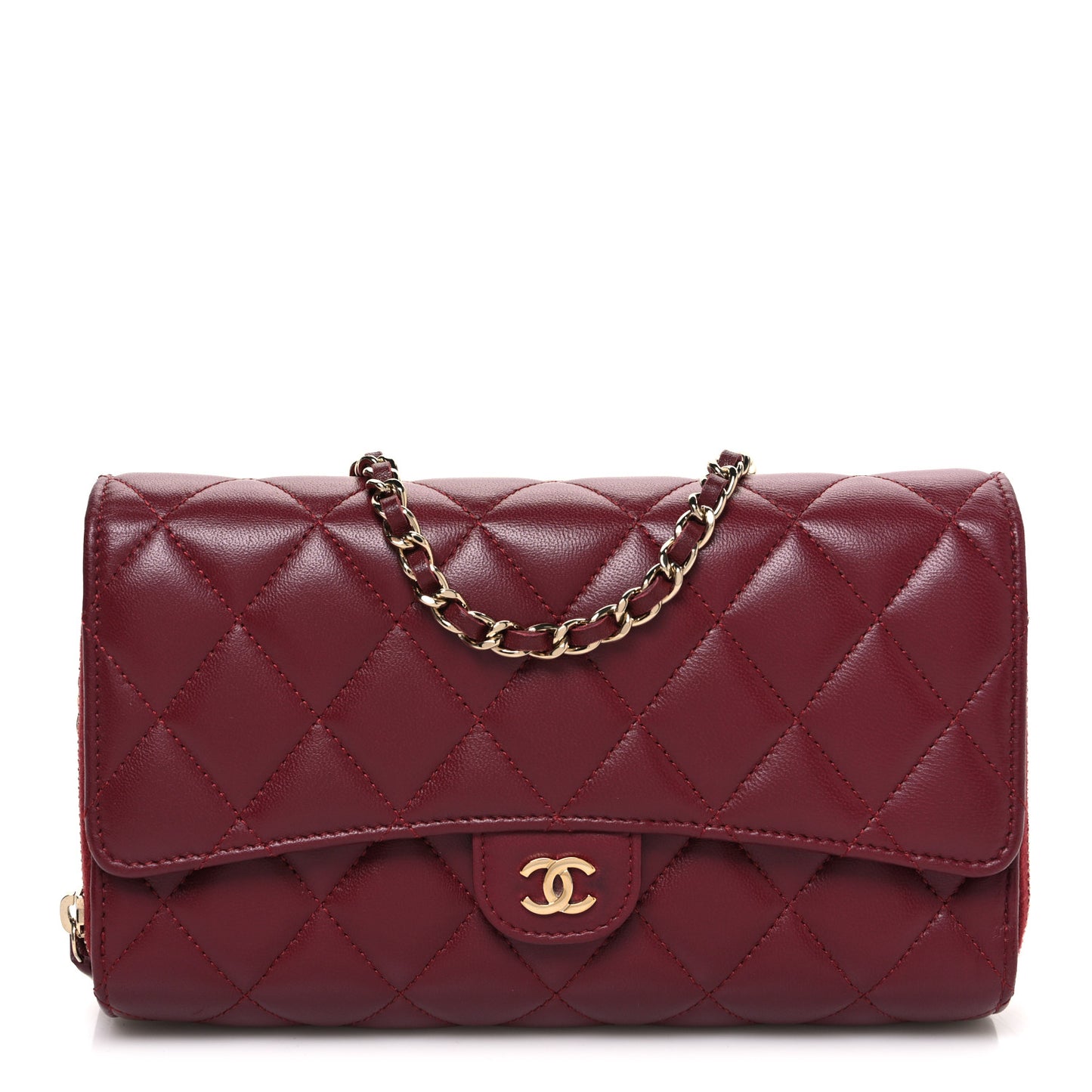 Lambskin Quilted Phone Holder Wallet on Removable Chain Burgundy