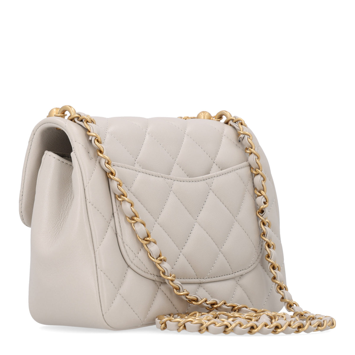 Shiny Lambskin Quilted Pearl Twist Mini Square Flap Light Grey