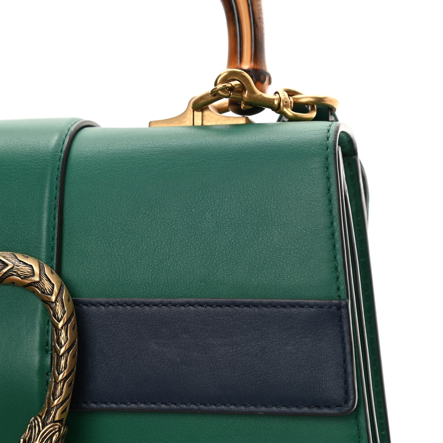 Moon Calfskin Web Medium Dionysus Bamboo Top Handle Bag Emerald Blue Hibiscus Red