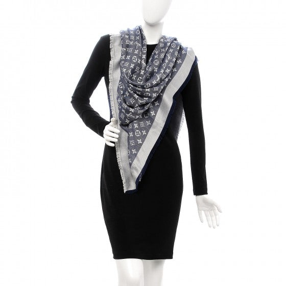 Silk Wool Monogram Denim Shawl Blue