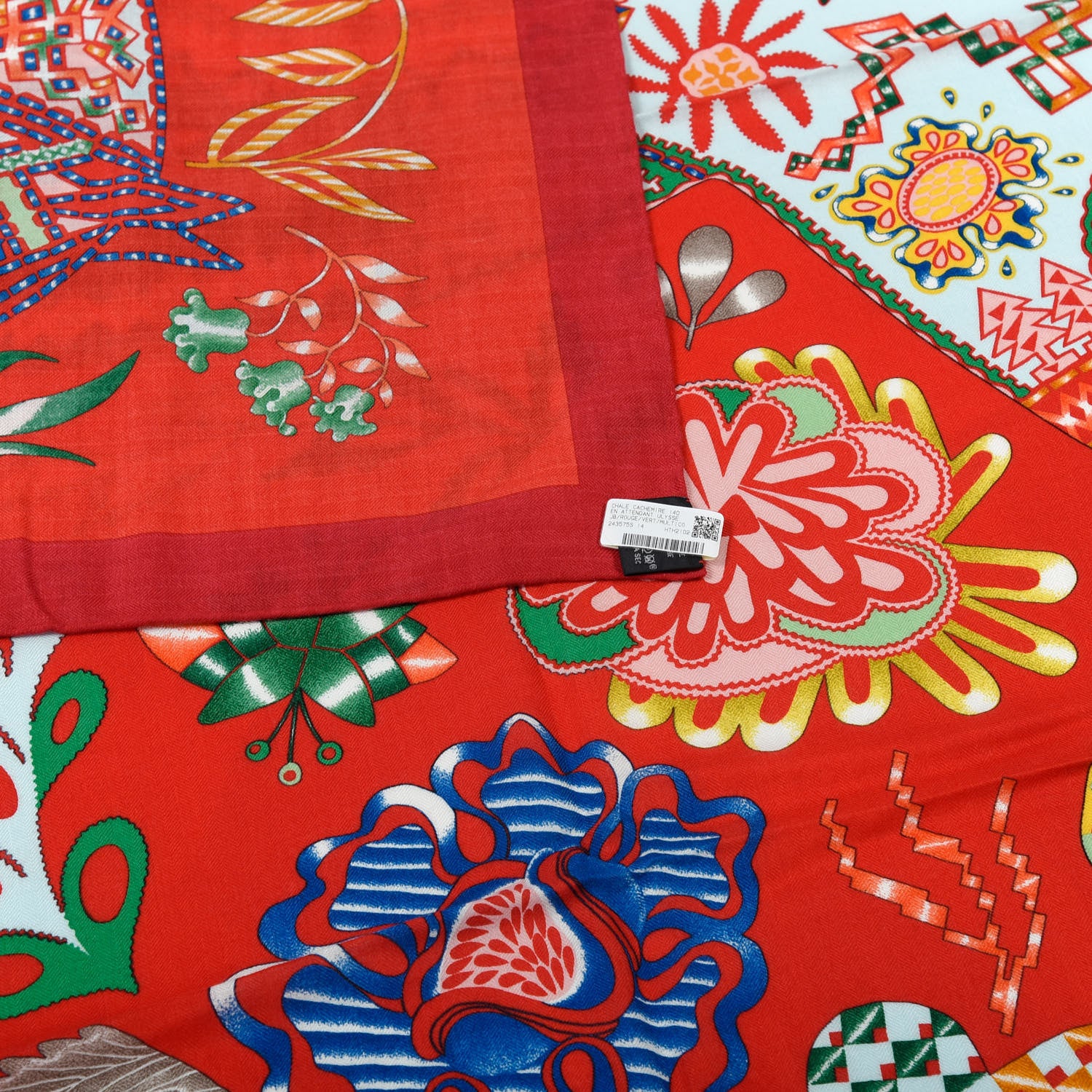 Hermes Cashmere Silk En Attendant Ulysse Shawl 140 Rouge Vert Multicolore 4 of 6