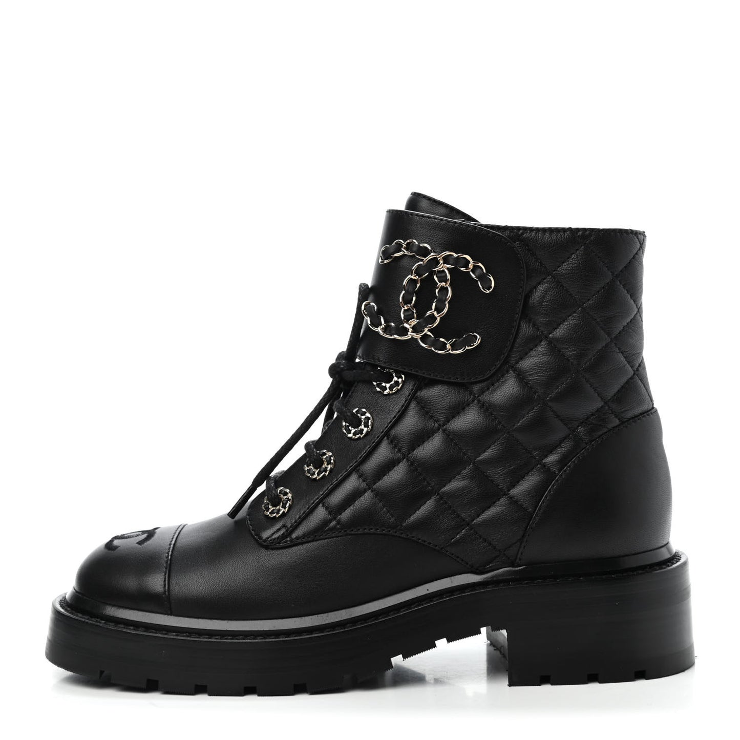 Shiny Lambskin Quilted Lace Up Combat Boots 35.5 Black