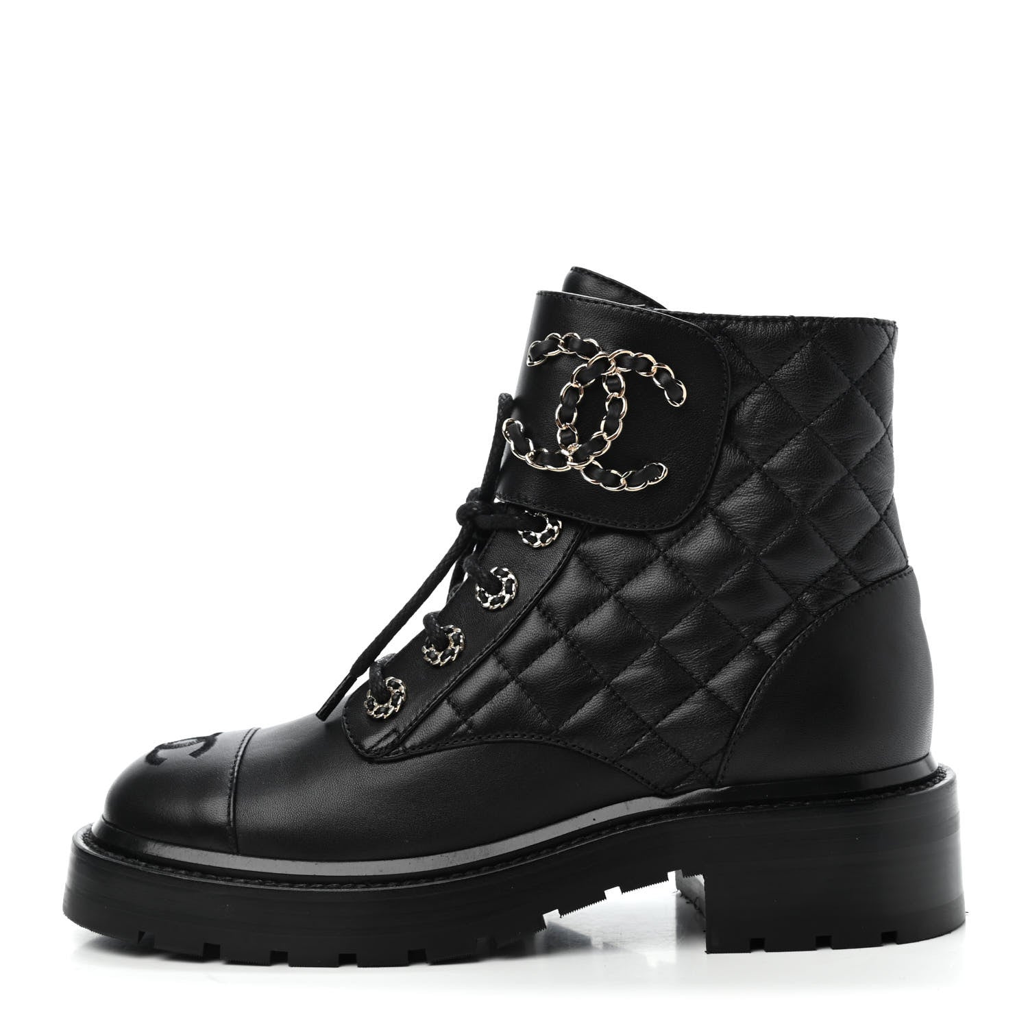 Chanel Shiny Lambskin Quilted Lace Up Combat Boots 35.5 Black 1 of 4