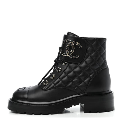 Chanel Shiny Lambskin Quilted Lace Up Combat Boots 35.5 Black 1 of 4