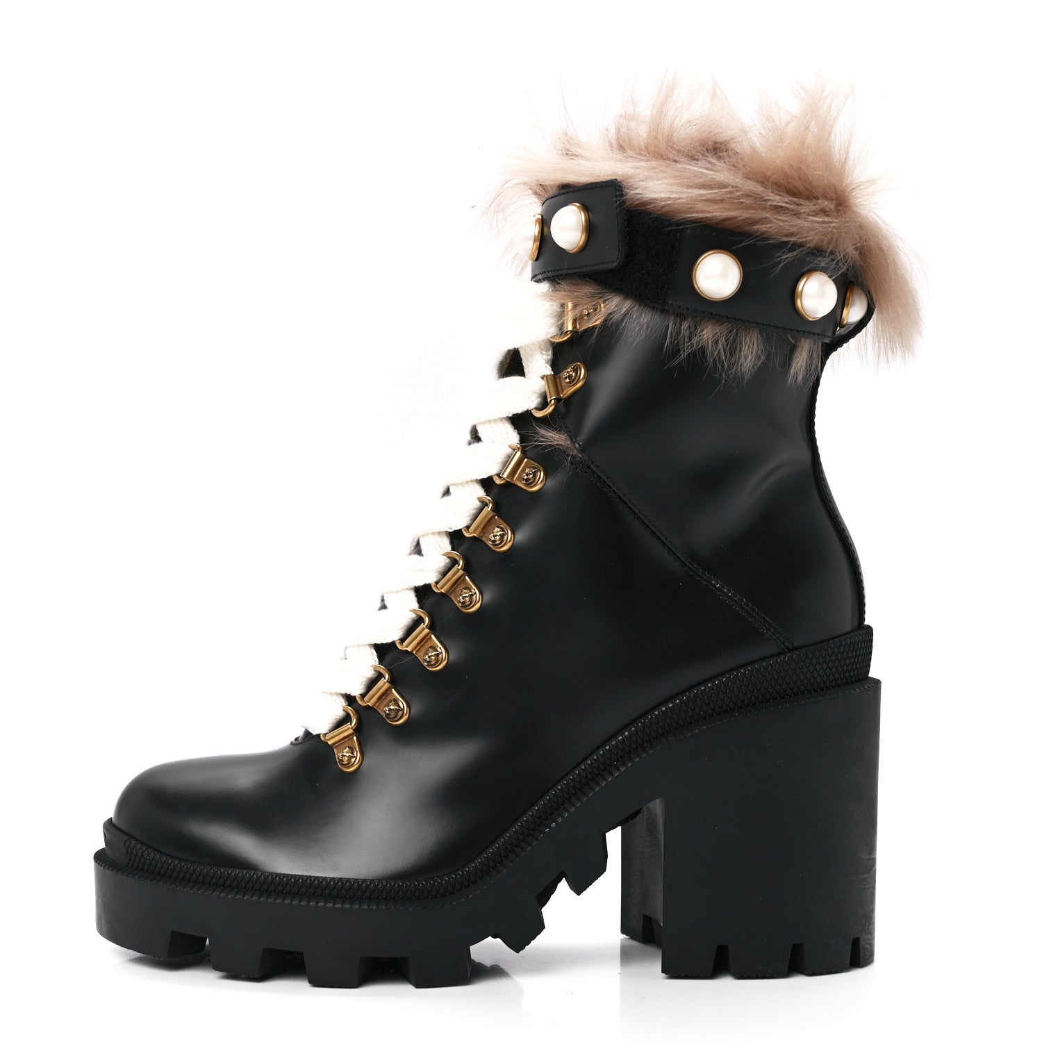 Gucci Magnum Calfskin Fur Pearl Lace Up Combat Ankle Boots 37.5 Black Naturale 1 of 7