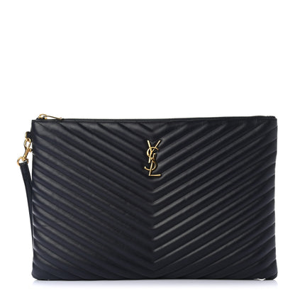 Saint Laurent Calfskin Matelasse Chevron Monogram Document Holder Marine 1 of 6