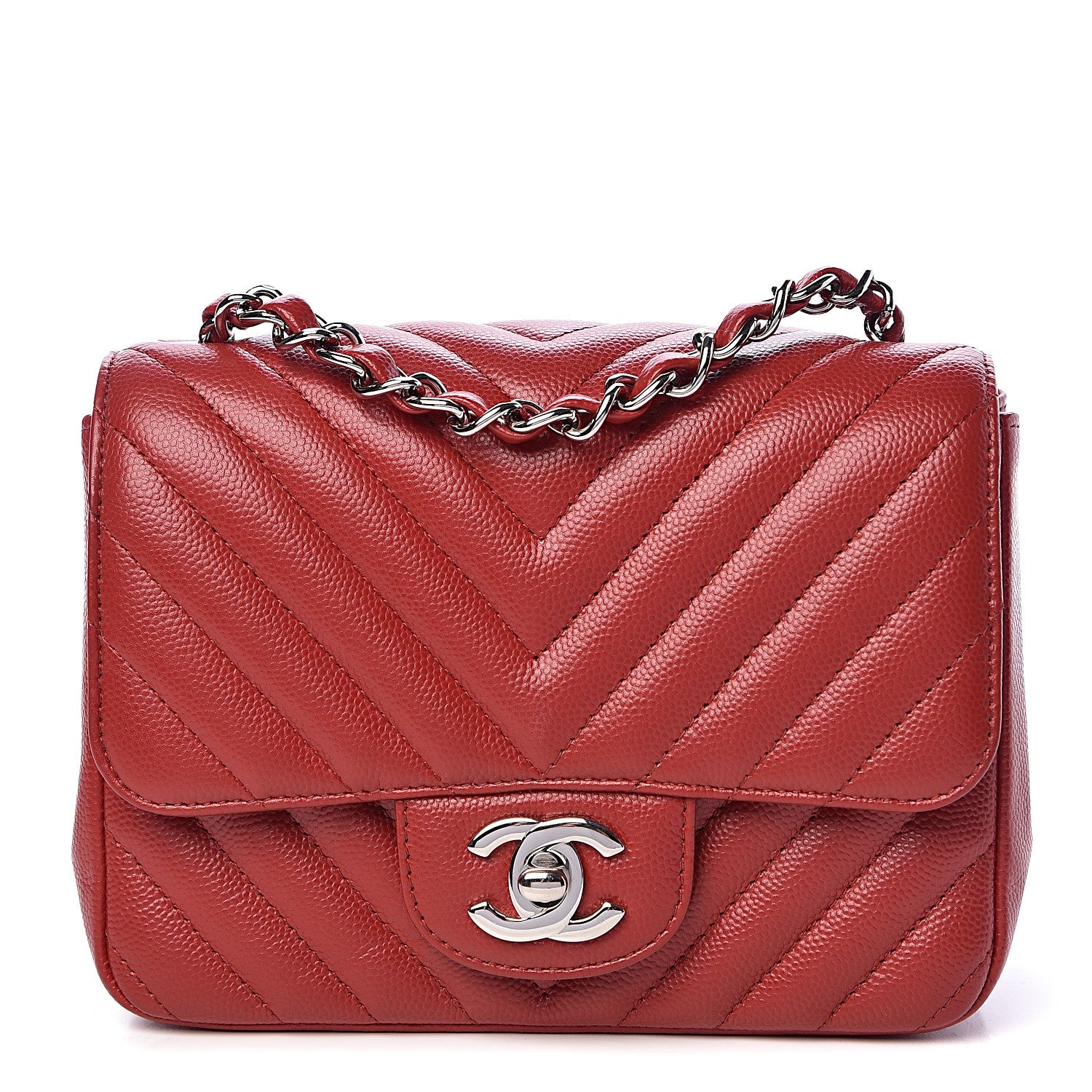 Chanel Caviar Chevron Quilted Mini Square Flap Dark Red 1 of 10