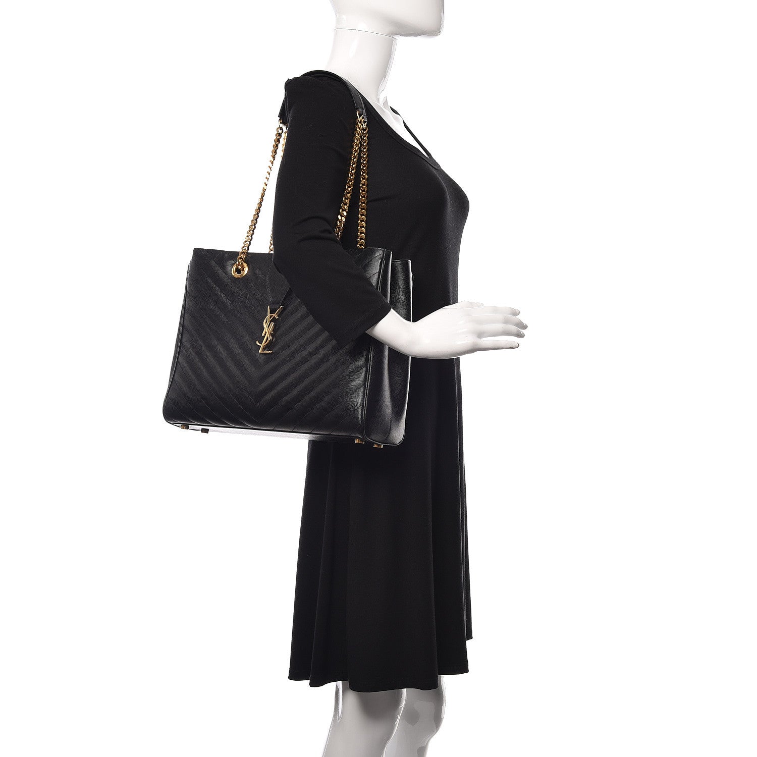 Saint Laurent Grain De Poudre Matelasse Chevron Monogram Shopping Bag Black 2 of 12