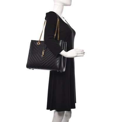 Saint Laurent Grain De Poudre Matelasse Chevron Monogram Shopping Bag Black 2 of 12