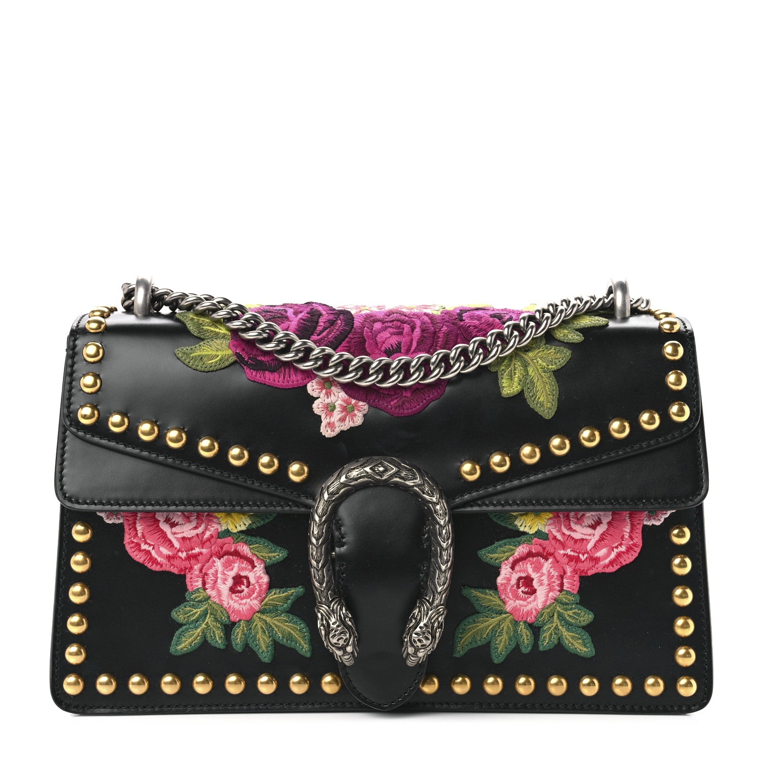 Gucci Calfskin Floral Embroidered Studded Small Dionysus Shoulder Bag Black 1 of 8