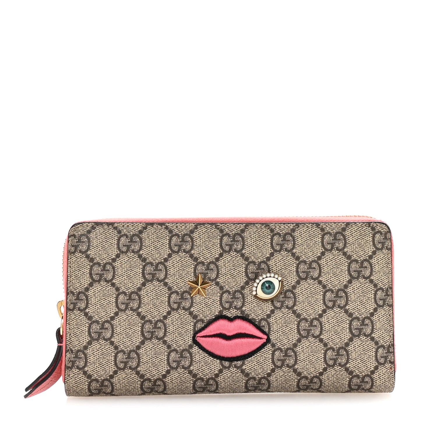 GG Supreme Monogram Embroidered Face Zip Around Wallet Pink