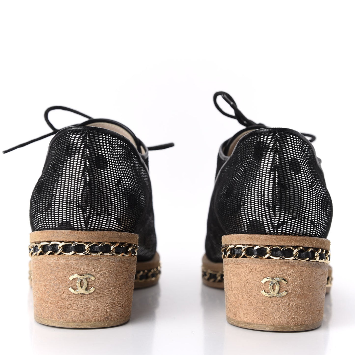 Metallic Calfskin CC Lace Up Chain Oxfords 37.5 Silver Black
