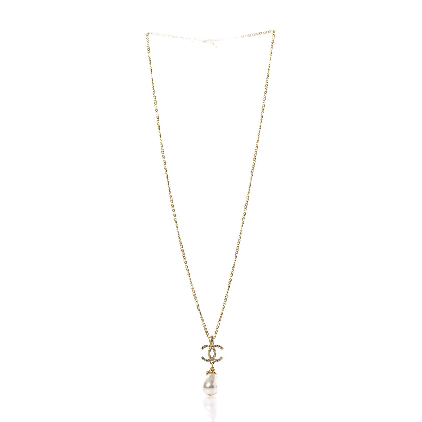 Pearl Crystal Twisted CC Drop Necklace Gold